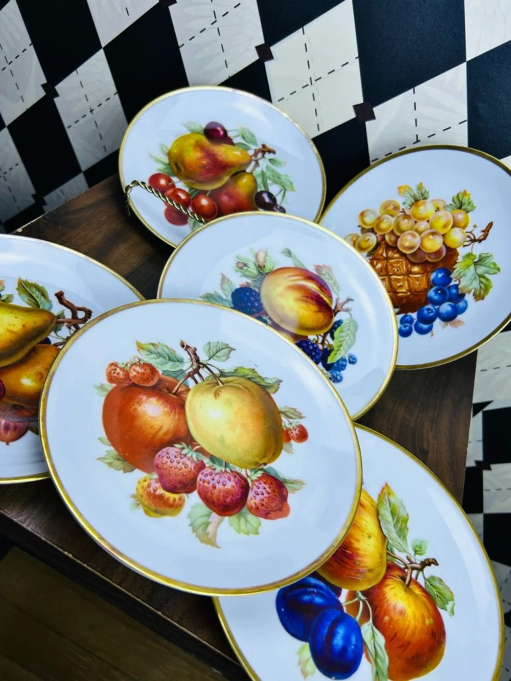 Vintage Mitterteich Bavaria Fruit Plates Set‎ of 6 Gold Rim German Porcelain
